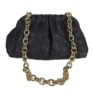 Tuckernuck Women's Black Raffia Slouchy Clutch Gold Hardware NWOT